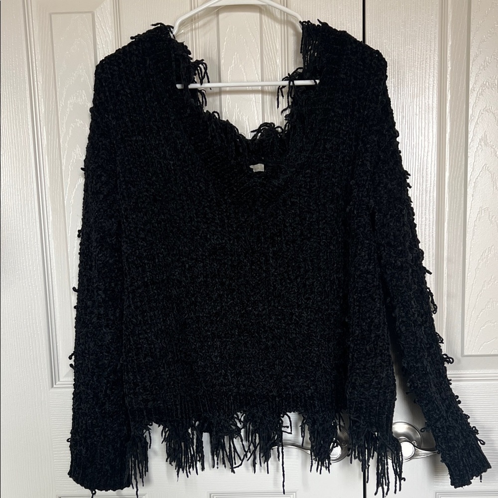 Cozy Casual Chenille Black Fringed Hem V-Neck Sweater